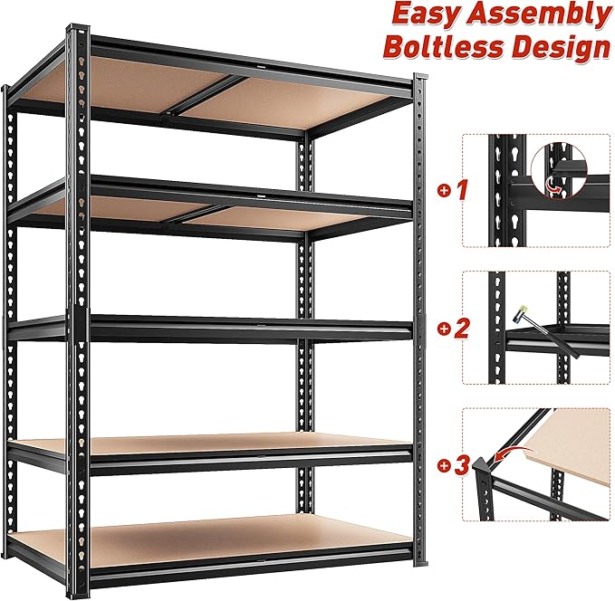REIBII 2200LBS Storage Shelves 5 Tier Garage Shelving Heavy Duty, Adjustable Metal Shelving Unit, Garage Shelves for Basement, Warehouse, Pantry, Closet, Kitchen 72" H x 35.55" W x 16" D, Black