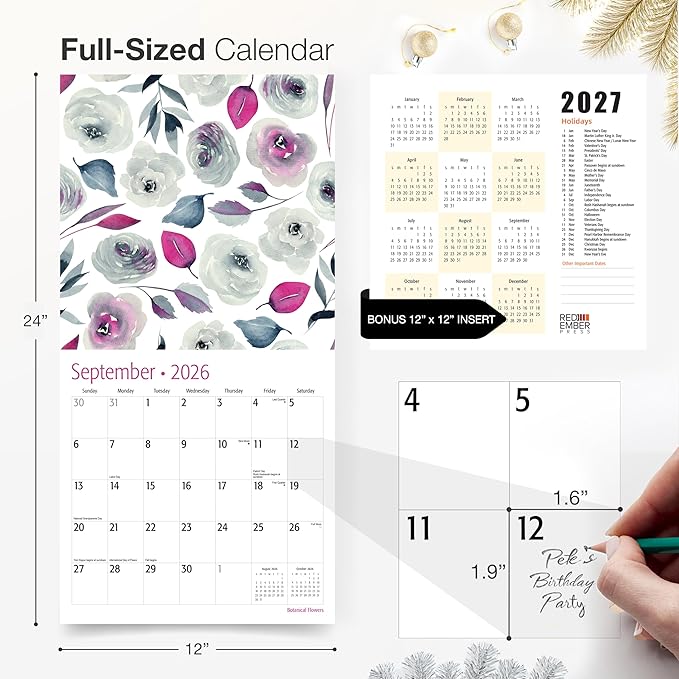 RED EMBER Botanical Flowers 2026 Wall Calendar 12 Month | 12" x 24" Open | Thick & Sturdy Paper | Holiday Gift | Art Nature Calendar 2026