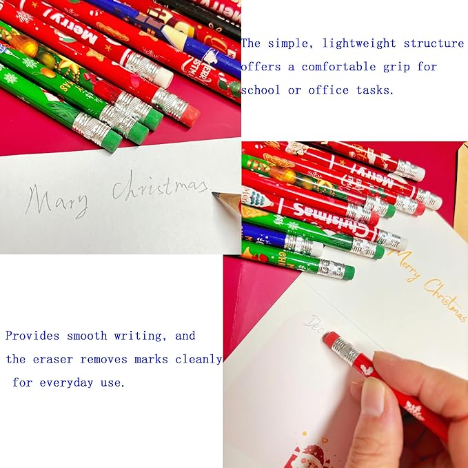 Jsehchya 72PCS Wooden cased Christmas Pencils for Kids with Erasers, Wood Pencils for School,Drawing,Gift (72PCS) (Christmas, 72)