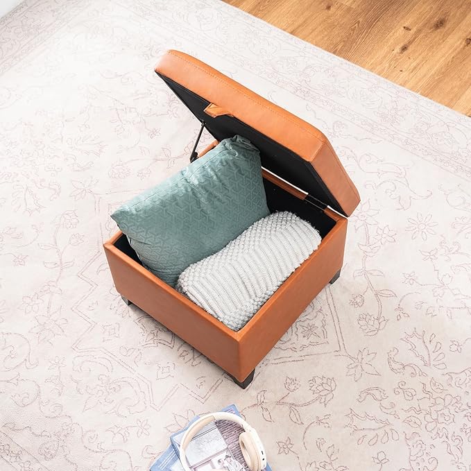 Adeco Small Faux Leather Storage Ottoman with Hinged Lid, 14 Inch High Square Cube Foot Stool with Storage, Upholstered Vanity Stool with Solid Wood Legs for Living Room, Bedroom, Dorm (Warm Orange)