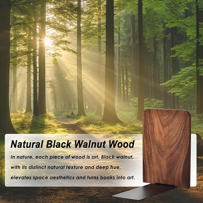 VIVTOB Book Ends, Black Walnut Wooden Bookends for Shelves - Heavy Duty Non-Slip Book Organizers, Upgraded Large Decorative Bookend Holders for Home, Kitchen, Office, Set of 2, Large