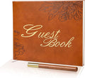 Leather Wedding Guest Book,Visitor Log Guest Book for Vacation Home,Wedding Reception,Funeral,Party,Memorial Service,10.3x8'' Embossed Open House Guest Sign in Book with Wood Grain Pen for Guests