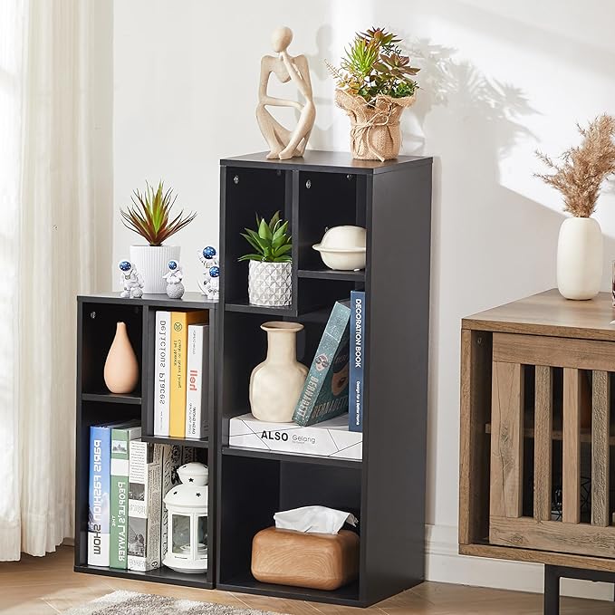 VECELO Narrow Bookshelf Set, Fits 9.3" × 10-12.8" Hardcovers, Cube Storage Bookcases, Free-Standing for Living Room, Bedroom, Home Office, 2/3-Tier, 2-Pack, Black