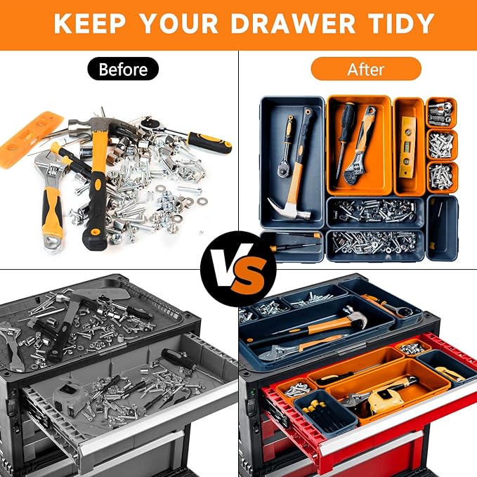 FLYVOLE Tool Box Organizer Tray, Toolbox Desk Drawer Organizer, Tool Box Tray, Toolbox Organization Storage for Rolling Tool Chest (60PCS (Blue+Orange))