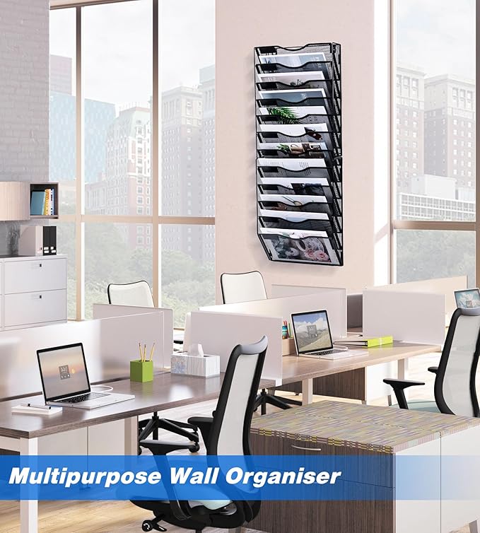 Solinxe Wall File Holder, 12 Pockets Hanging File Folder, Paper Organizer Storage, Document Rack, Mail Holder, Magazine Rack, Wall Organizer for Office, Black