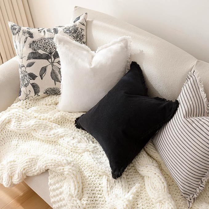 Foindtower Set of 2 Decorative Linen Fringe Throw Pillow Covers Cozy Boho Farmhouse Cushion Cover with Tassels Soft Accent Pillowcase for Couch Sofa Bed Living Room Home Decor, 22×22 Inch, Black