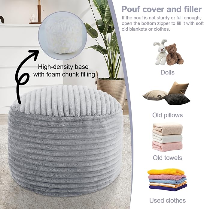 MeMoreCool Stuffed Round Pouf Ottoman Foot Rest, Soft Plush Floor Pouf Foot Stool, Corduray Footstool Footrest, Small Round Ottoman for Living Room Couch Sofa Chair, 20x15 Inch Grey