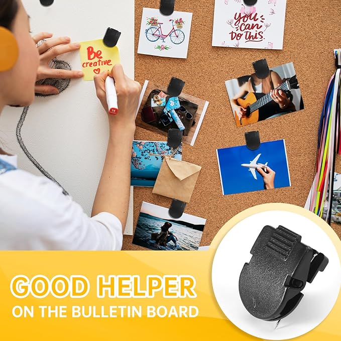 GOOLADA 60Pcs Black Cubicle Clips, Cubicle Hooks for Walls, Plastic Push Pins, Thumb Tacks for Cork Board,Cubical Accessories for Work for Bulletin Board, Fabric Wall, Classroom, School, Office