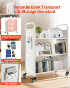 VEVOR Rolling Library Book Cart, 330 lbs Capacity, 38.2 x 20.3 x 48.2-Inch Library Cart, Double Sided W-Shaped Shelves with 3-Inch Lockable Wheels, Book Truck for Home Shelves Office and School, White