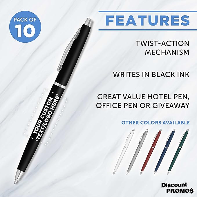 DISCOUNT PROMOS Custom Langham Ballpoint Pens Set of 10, Personalized Bulk Pack - Black Ink, Great for Office, School, Business, Tradeshows - Black