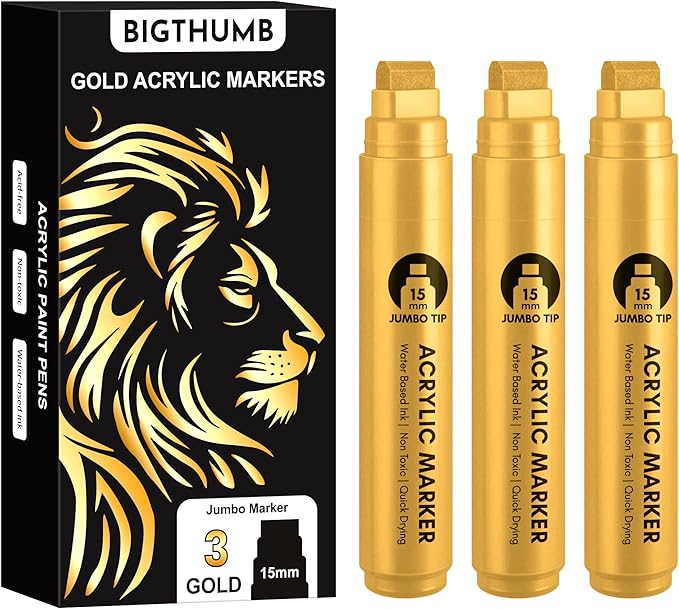 BIGTHUMB 3 Pcs Gold Jumbo Permanent Markers: 15mm Wide Tip Thick Acrylic Paint Pen Large Calligraphy Marker for Rock Painting, Poster, Sign, Canvas, Glass, Wood, Ceramic