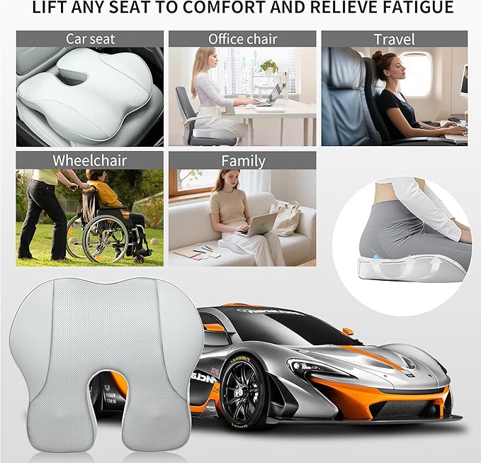EARJIA Memory Foam Seat Cushion for Office Chair Seat Cushions for Long Sitting Tailbone Pain Relief Anti-Slip Bottom & Removable Leather Cover for Car Gaming Work