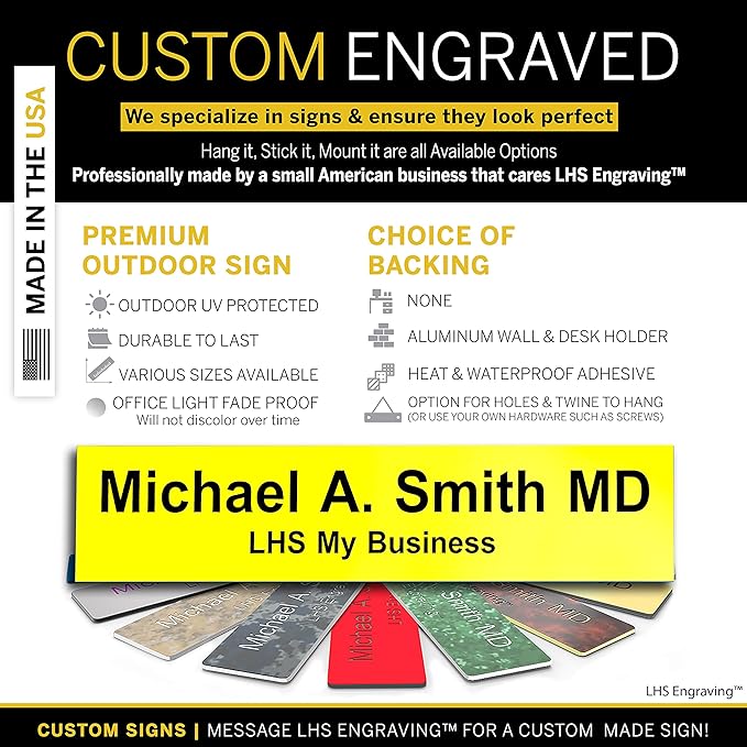 Door Name Plate Personalized for Office Yellow Plastic Name Plate Black Letters - Made in USA 2x6 B4