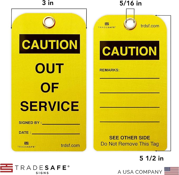 TRADESAFE Caution Out of Service Tags - 30 Yellow Caution Signs with 30 Cable Ties, Durable 32 mil Vinyl, Caution Tags for Equipment Repair or Service, Accident Prevention