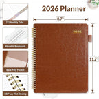 SUNEE 2026 Planner, Weekly and Monthly Calendar Planner 9"x11.2"- 12 Month (January 2026 - December 2026), Vegan Leather Cover, Pocket, Bookmark, Notes, Monthly Tab, Brown