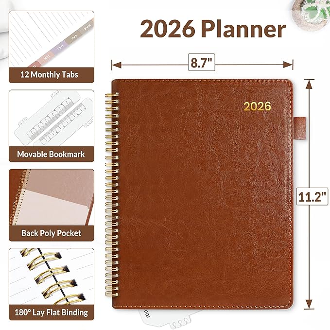 SUNEE 2026 Planner, Weekly and Monthly Calendar Planner 9"x11.2"- 12 Month (January 2026 - December 2026), Vegan Leather Cover, Pocket, Bookmark, Notes, Monthly Tab, Brown
