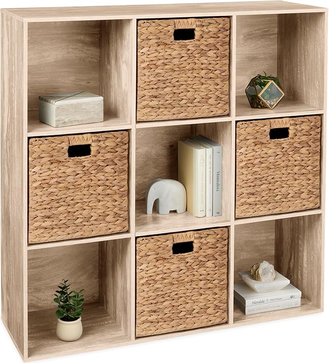 Best Choice Products 9-Cube Storage Organizer, 13.5in Shelf Opening, Bookcase, Display Shelf, Customizable w/ 3 Removable Back Panels – Light Oak