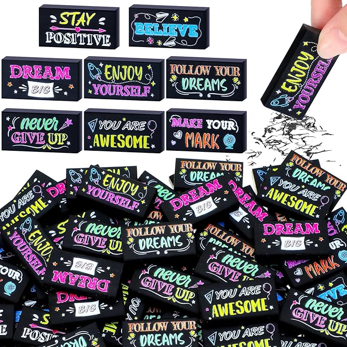 Dunzoom 100 Pcs Inspirational Pencil Erasers Bulk for Kids Fun Motivational Eraser School Supplies Back to School Office Supplies for Classroom Office Teacher Artists (Colorful Chalkboard)