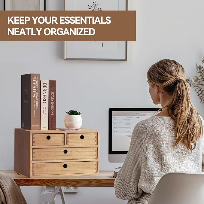 Kirigen Natural Wood Desktop Organizers with Drawers - Home Workspace Office Supplies Wooden Storage Box Shelf Case - Hold Makeup Box (NA, 3-Layer &4 Drawers)