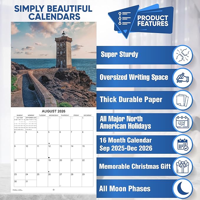 2026 Lighthouses Monthly Wall Calendar | Travel Calendar 2025-2026