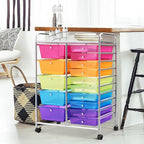 DORTALA 15-Drawer Rolling Storage Cart with Drawers, Rolling Utility Cart w/Removable Drawers & Universal Wheels, Tools Scrapbook Paper Organizer for School, Office, Home, Classroom (Rainbow)