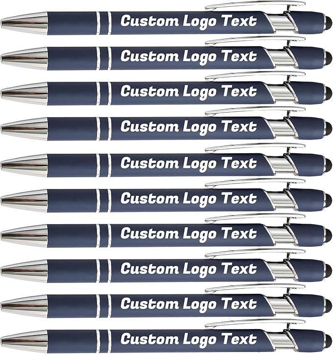 HEYZARDA Personalized Pens with Name Text Logo Custom Ballpoint Pen for Business Office Events with Stylus for Touchscreen 10 Pcs Navy