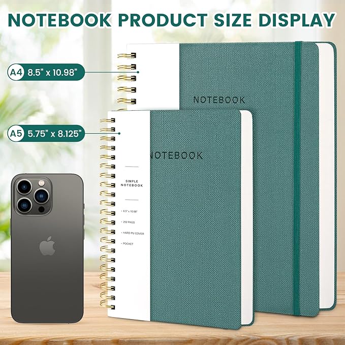 Oneirom Spiral Notebook - 8.5 x 10.98 Inch Large Hard Cover Notebook with Elastic Band & Pocket, 252 Pages, Lay Flat Wirebound Journal for Work, School, Planning & Note Taking Green