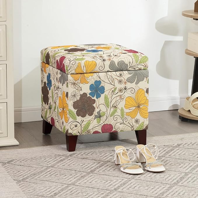 Adeco 18 Inch High Cube Ottoman Storage, Floral Printed Linen Chair Foot Stools, Upholstered Vanity Stool with Hinged Lid, Solid Wood Legs