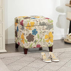 Adeco 18 Inch High Cube Ottoman Storage, Floral Printed Linen Chair Foot Stools, Upholstered Vanity Stool with Hinged Lid, Solid Wood Legs