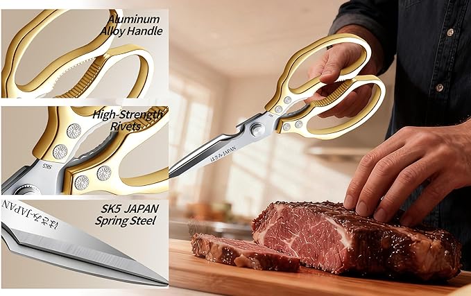 Kitchen Scissors Gold - Stainless Steel Shear, Sharp Meat Cutting Scissors Dishwasher Safe, Poultry Shears Heavy Duty, Japan Cooking Scissor for Food, Christmas Gifts for Men Women