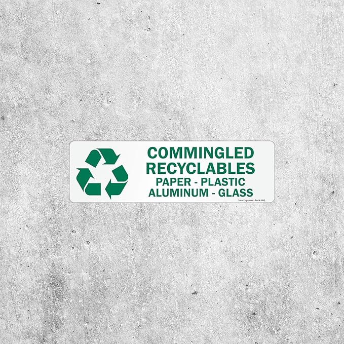SmartSign Commingled Recyclables Sticker - Paper, Plastic, Aluminum Glass Pack of 5 Labels | 3" x 10" Laminated Vinyl, Made in USA