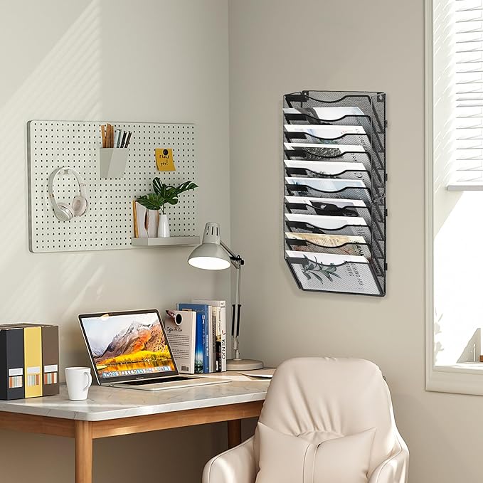 EasyPAG Wall File Organizer for Office 10 Pocket Mesh Wall Mounted Paper Organizer Hanging Folder Holder with Nametag Label for Home School, Black