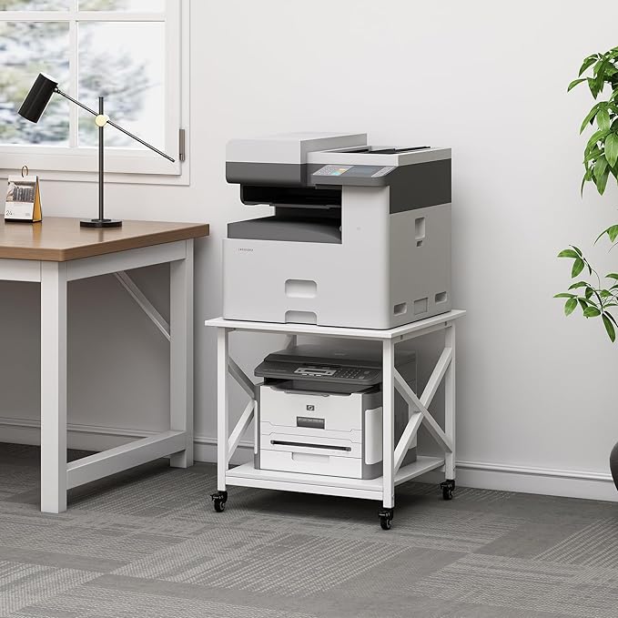 Fannova 23.6 x 23.6 Inches Large Printer Stand, 2 Tier Square Printer Table with Storage Shelf for Home Office, Multi-use Rolling Cart with Wheels for Laser, 3D Printer and Mini Fridge - White