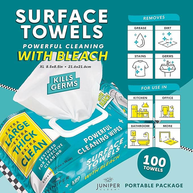 Juniper CLEAN Single Surface Wipes with Bleach, Thick & Large Dispose, All-Purpose Cleaner for Bathroom, Kitchen, Office, 100 Count Soft Flow, Biodegradable, Fresh Scent
