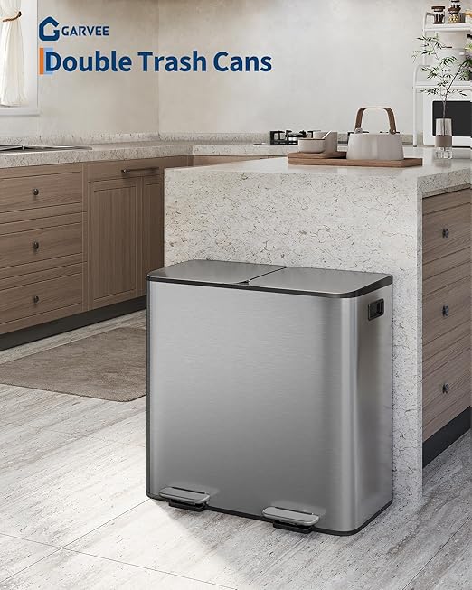 Garvee Trash Can, 2 x 10.6 gal (2 x 40 L) Garbage Can for Kitchen Dual Compartment Recycling Kitchen Step Trash Bin, Stainless Steel Trash and Recycle Bin Combo with Soft-Close Lid,Matte Grey