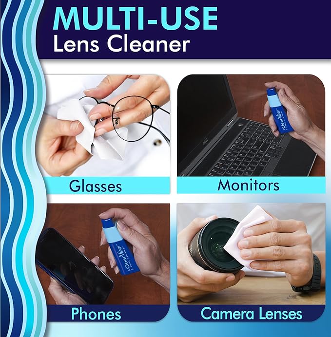 Clear View Portable Lens Cleaner Kit – Travel Size with Premium Cleaning Solution, Refillable Spray + Microfiber Cloth, Safe for All Lenses, Compact & On-the-Go