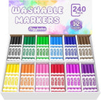 Aigybobo 240 Count Washable Markers Bulk, 12 Assorted Colors, Broad Line Conical Tip Coloring Markers for Kids, Markers Bulk Pack for Classroom, School Art Supplies & Back to School Supplies