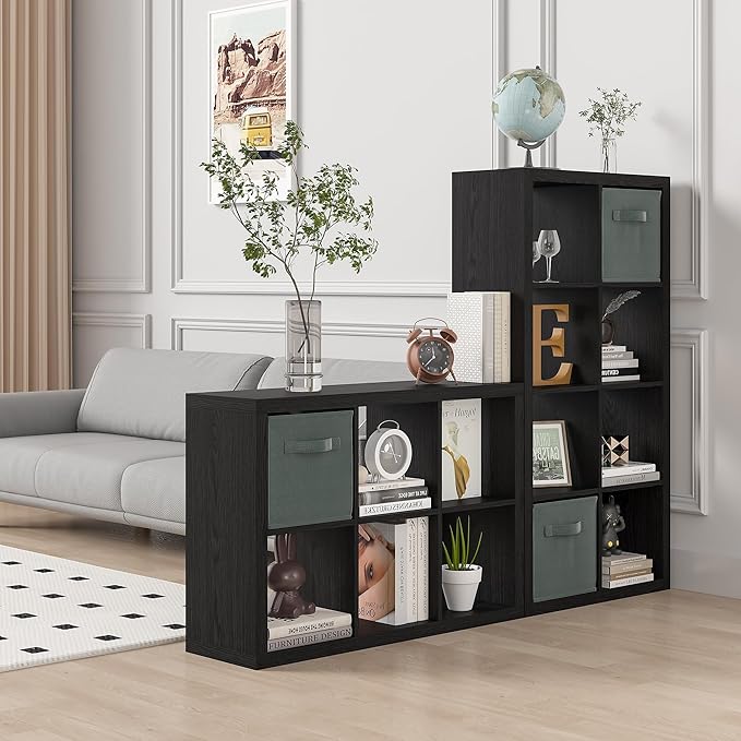 Bookshelf with Storage Bins, 8-Cube Storage Organizer, Modern Black Bookshelf for Bedroom, Multifunctional Display Cube Bookshelves for Living Room, Bedroom, Home Office