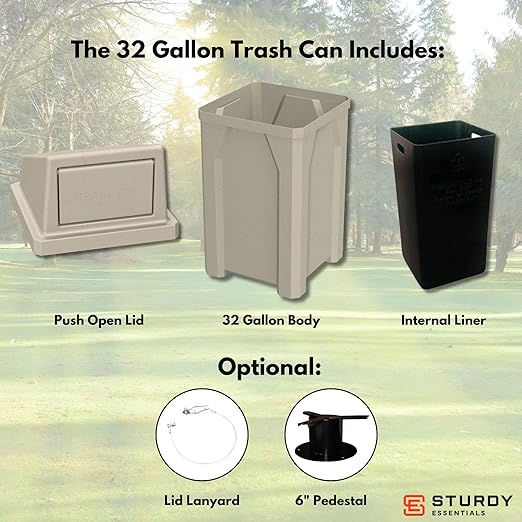 Sturdy Essentials 32 Gallon Square 100% Recycled Plastic Heavy Duty Indoor or Commercial Outdoor Trash Can with Push Lid | Great for Schools and Businesses - Beige Granite