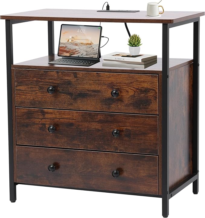 Edbuosy 3 Wooden Drawers Night Stand, 27 Inch Wide Nightstand with Charging Station and Adjustable Drawers, Small Dresser for Closet, Bedside Table for Living Room/Bedroom/Office, Retro Brown.