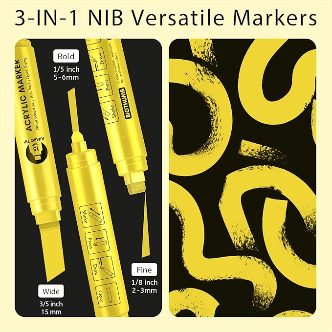 BIGTHUMB 3 Pcs Yellow Jumbo Permanent Markers: 15mm Wide Tip Thick Acrylic Paint Pen Large Calligraphy Marker for Rock Painting, Poster, Sign, Canvas, Glass, Wood, Ceramic
