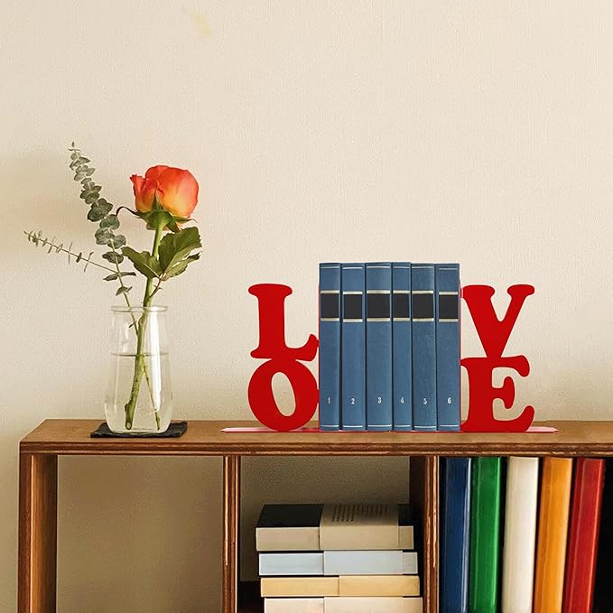 Love Decor Metal Bookends - Novelty & Cute Bookends for Shelves, Unique and Decorative Book Ends (Red)
