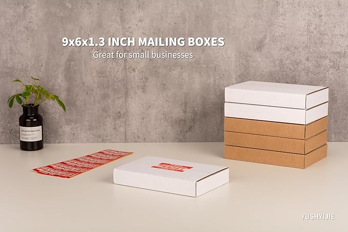 YUSHYIJIE 9x6x1.3 inch Small Shipping Boxes, Multi-Depth Flat Cardboard Boxes with Fragile Stickers for DVD Shipping, Packing, Moving, Storage, White, 25 Pack