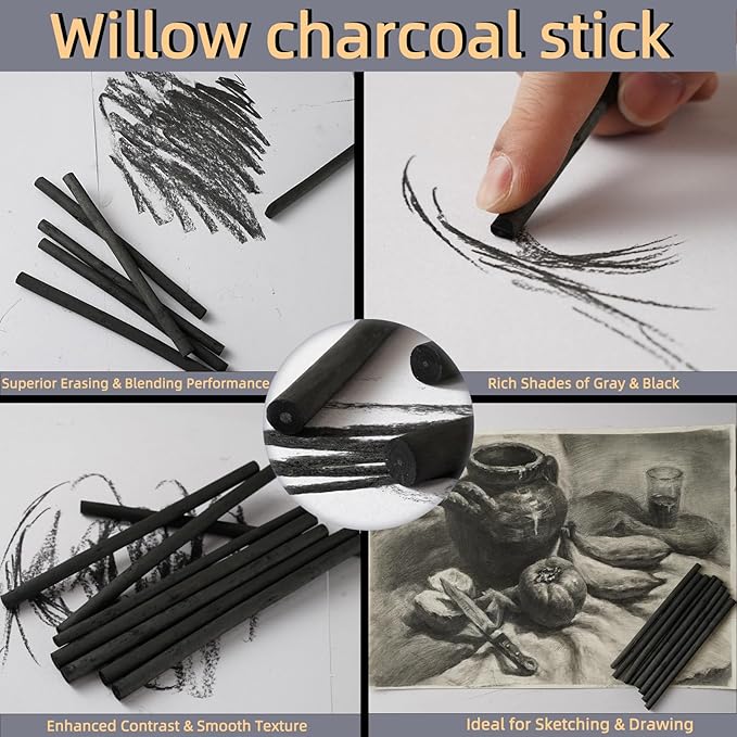 Trzzyan 25 PCS Willow Charcoal Sticks, Ideal for Artists, Beginners, Students, Perfect for Sketching, Drawing, Shading, and Fine Art, 5.7 Inches Long, 2-4,4-5,5-7,7-9 (5-7)