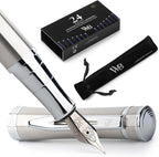 Wordsworth & Black Fountain Pen Set, Medium Nib, Includes 24 Pack Ink Cartridges, Ink Refill Converter & Gift Pouch, Chrome Finish, Calligraphy, [Silver Chrome], Perfect for Men & Women
