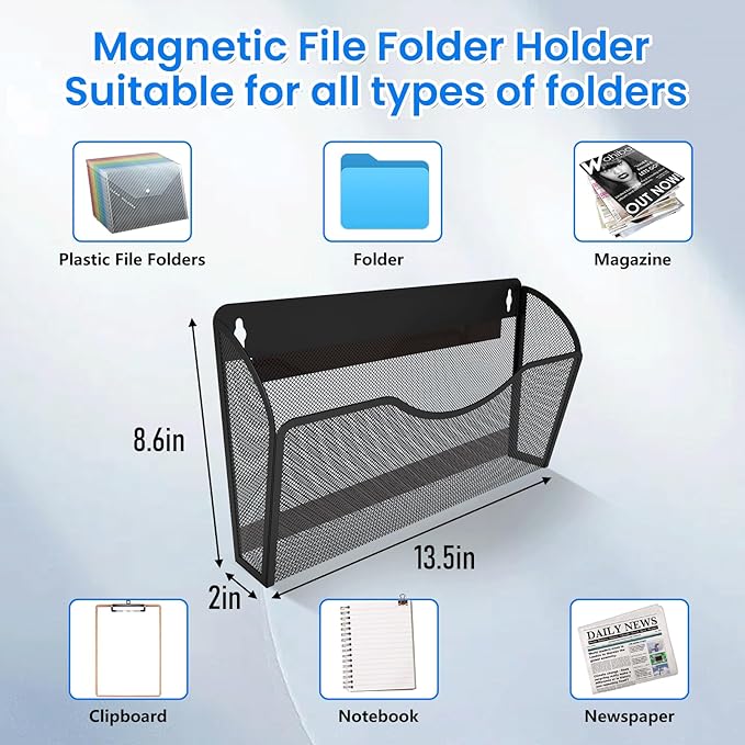 KZWKRG Magnetic File Holder 3PCS Wall File Folder Organizer, No Drilling Hanging Magazine Rack for Refrigerator, Document Paper Mail Folder Holders Office File Magnetic Organizer (Black)