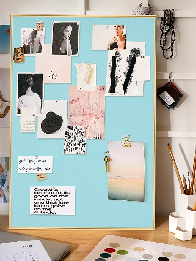 Lightomorrow Bulletin Board 30 x 20 inches, Dark Blue Pin Board, Golden Aluminum Framed Fabric Cork Board with 10 Push Pins