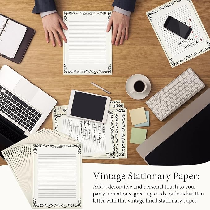 Sabary 200 Sheets Lined Stationary Writing Paper 8.5 x 11 Inch Fancy Vintage Stationery Letters Paper Lined Antique Retro Sheets for Letters Invitations Resume(Black)