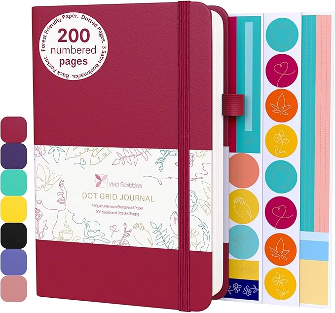 VIVID SCRIBBLES Dotted Journal – 140gsm Bleed Proof Thick White Paper – 200 Numbered Dot Grid Pages – 5.8 x 8.3 inch Bullet Dotted Notebook