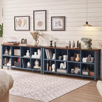 Joaxswe 8 Cube Book Shelf, Farmhouse Wood Long Storage Organizer Bookcase, 62" Horizontal Navy Blue Console Closet Bookshelf, Hallway TV Stand for Entryway, Display Cabinet Book Case for Living Room